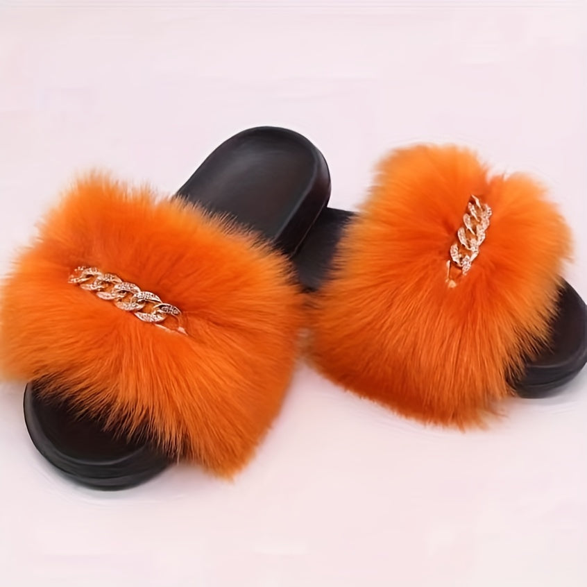 Women's Faux Fur Slip-On Sandals - Open-Toe Summer Slide Shoes with Back Strap, Plush Comfort & Elegant Design for Casual Outings, Beach, Lounging