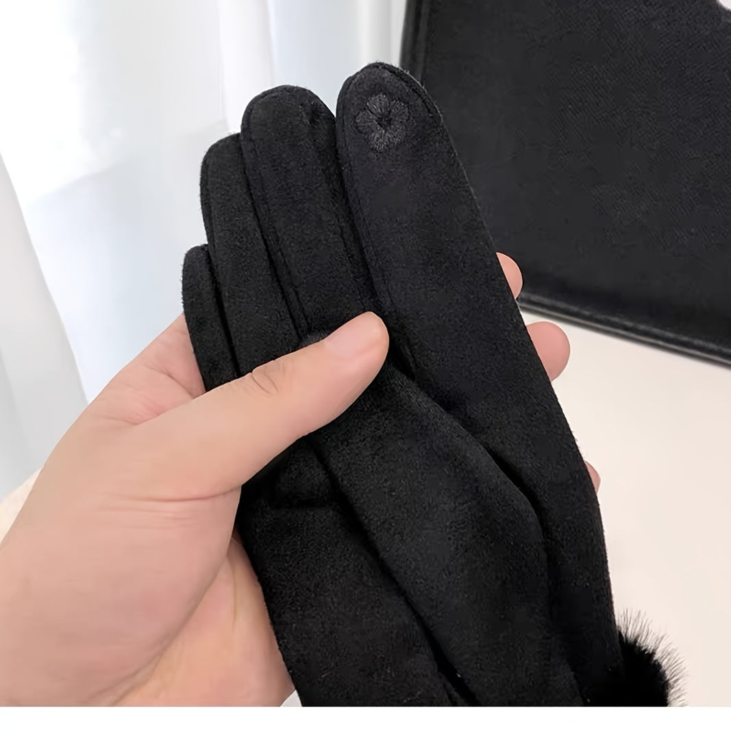 Women'S Fashion Faux Fur-Lined Full Finger Mittens, Polyester Knit Fabric, with Hand Wash Only, for Fall/Winter Outdoor Warm Accessories