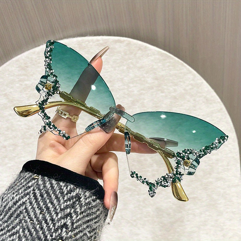 Chic Butterfly-Shaped Rimless Fashion Glasses with Sparkling Rhinestone Accents - Large Frame, Anti-Reflective Polycarbonate Lenses for Women - Ideal for Parties, Fashion Shows & daily events