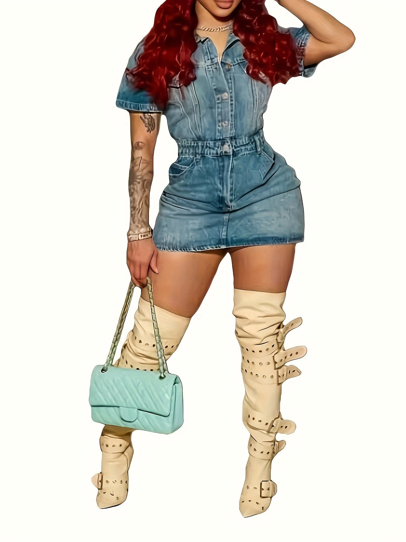 Women's Mini Denim Dress - Sexy Button- Lapel, Short Sleeve, Flap Pockets, Slim Fit, Light Blue Jean Dress for Spring/Summer