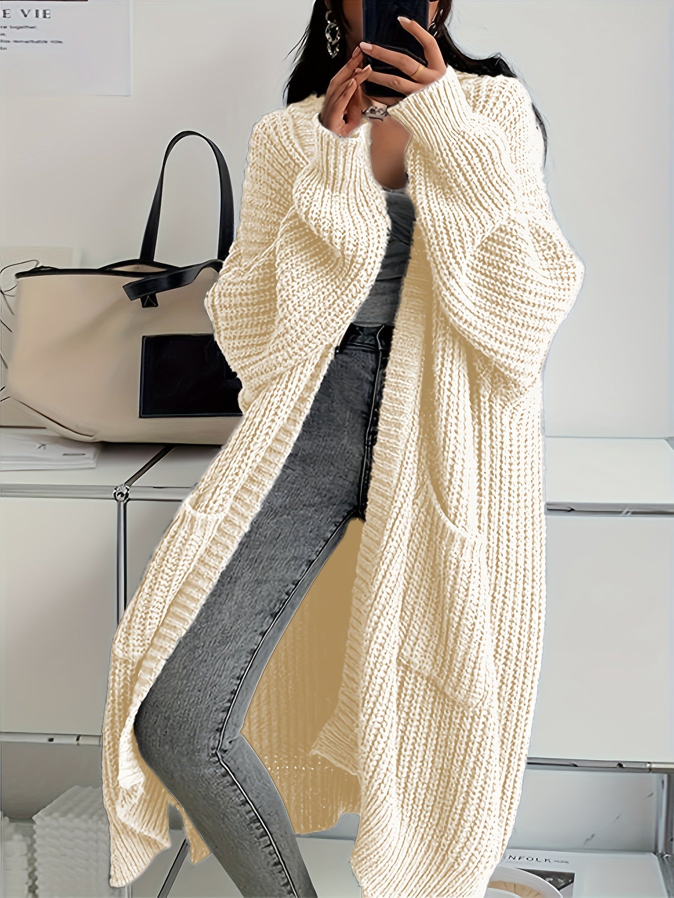 Cardigan sweater - Patched Pockets Open Front Cardigan - Solid, Long Sleeve, Knitted - Fall & Winter - Women - Cozy & Stylish - Cozy Comfort, Effortless Style