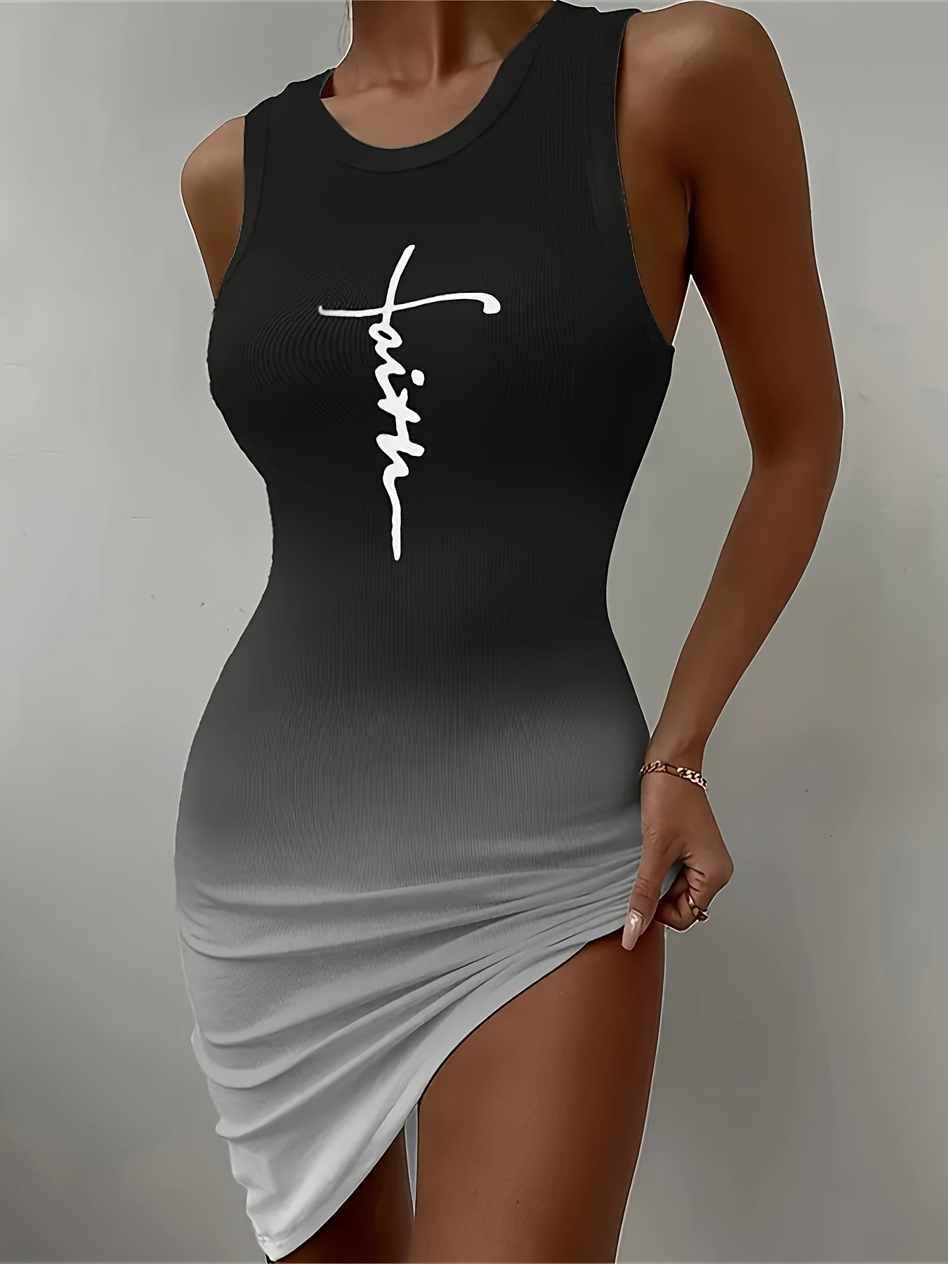 Chic Gradient Print Bodycon Dress for Women - Sexy Sleeveless, Round Neck, Stretch Polyester Fabric - Perfect for Spring & Summer