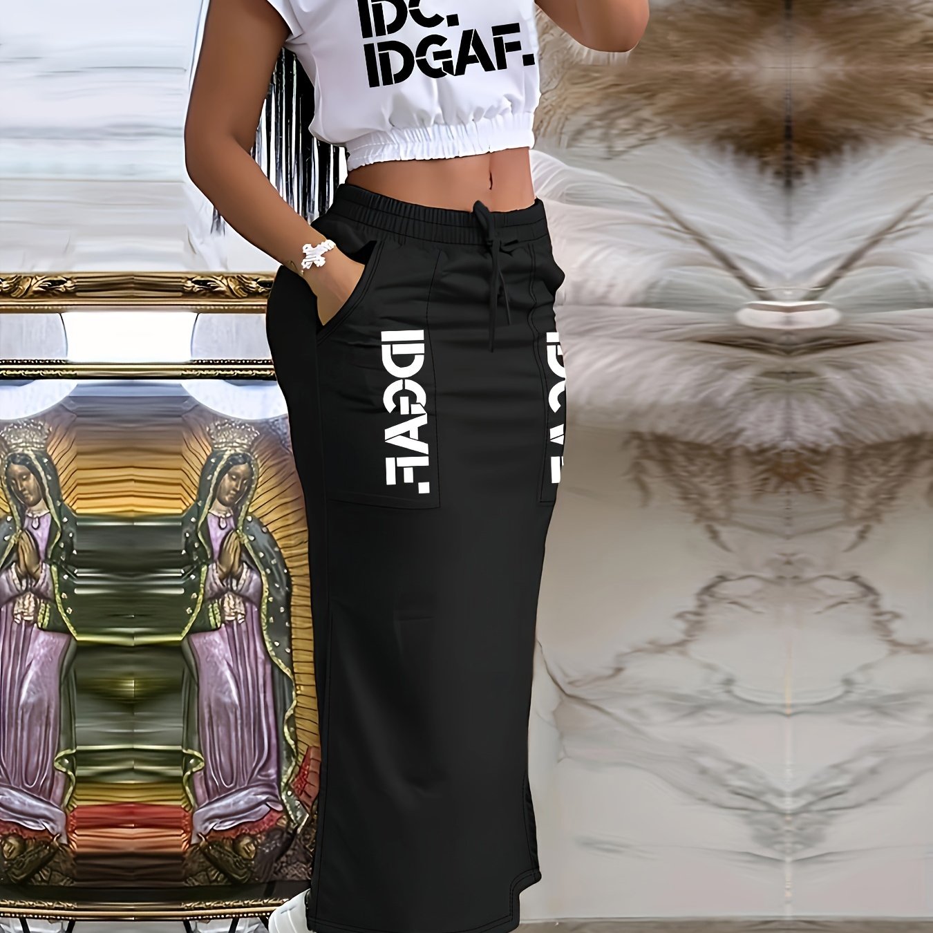 Letter Print Stylish Set, Crop Cap Sleeve Crew Neck Top & Slant Pocket Ankle Length Slit Skirt, Women's Clothing