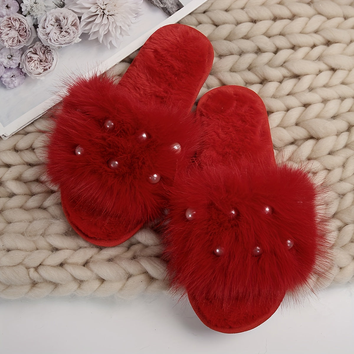 Fuzzy Faux Pearl Home Slippers, Soft Sole Plush Lined Indoor Shoes, Non-slip Floor Mute Slippers, Winter & Autumn