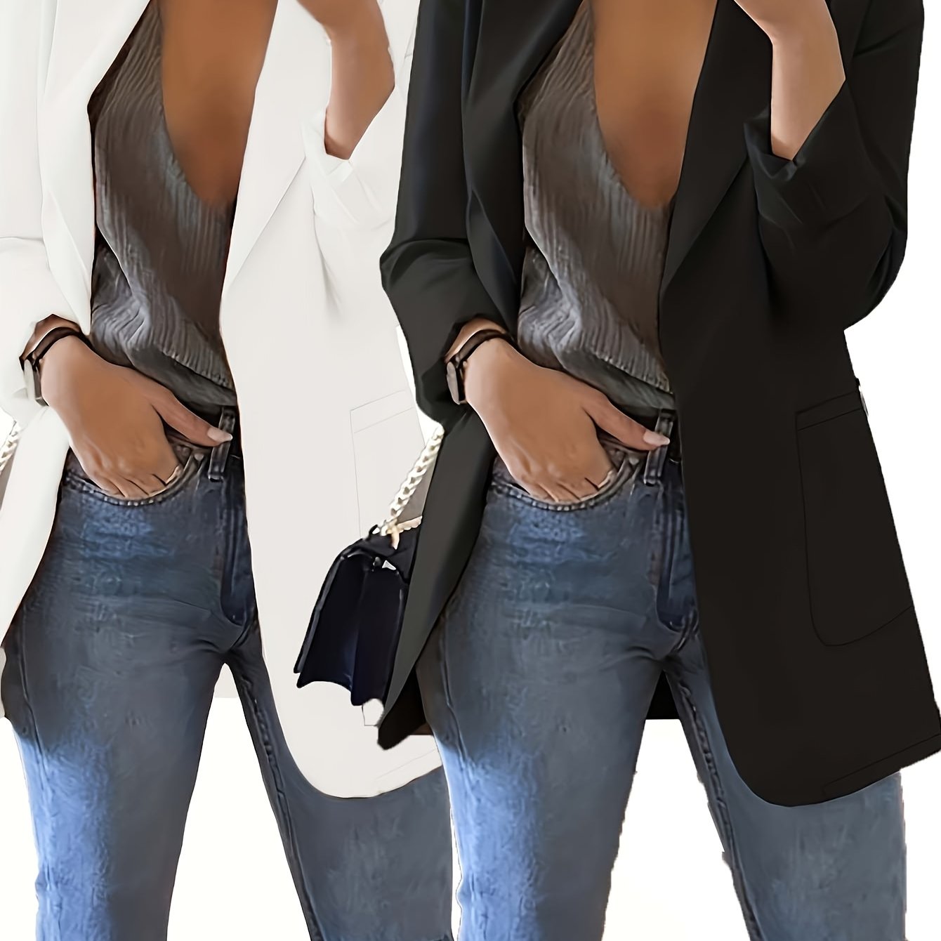 2pcs Fashion Casual Solid Color Lapel Slim Fit Cardigan Suit Jacket for Women Spring Summer Autumn