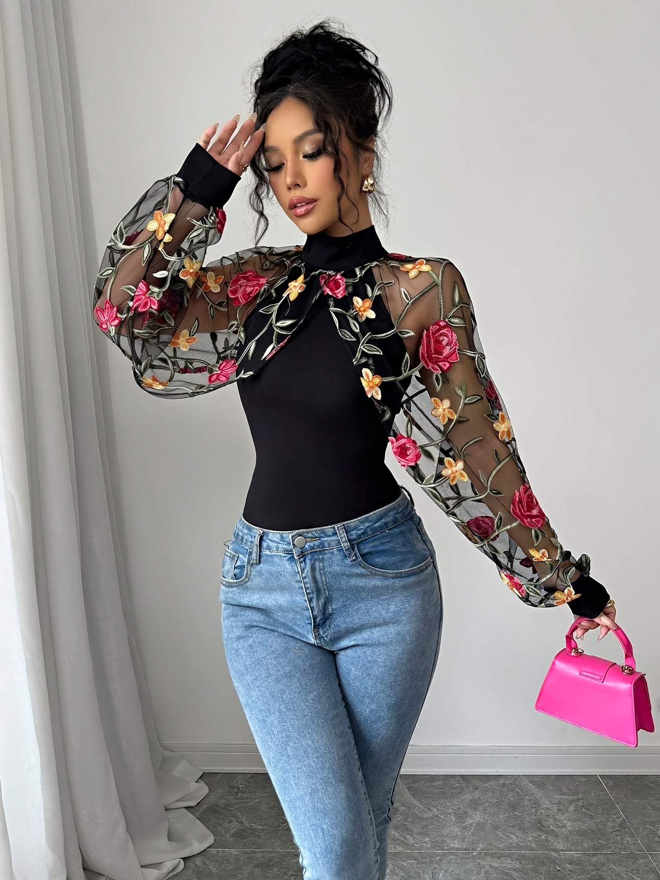 Women's Elegant Rose Embroidered Long Sleeve Blouse with Black & Pink Floral Contrast, Sheer Mesh Panels - Machine Washable Spring/Summer Top for Casual & Formal Wear, Delicate Fabric Top, Floral Print Blouse