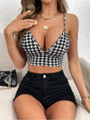 Houndstooth Print V-Neck Cami Top, Sexy Backless Sleeveless Crop Top for Women