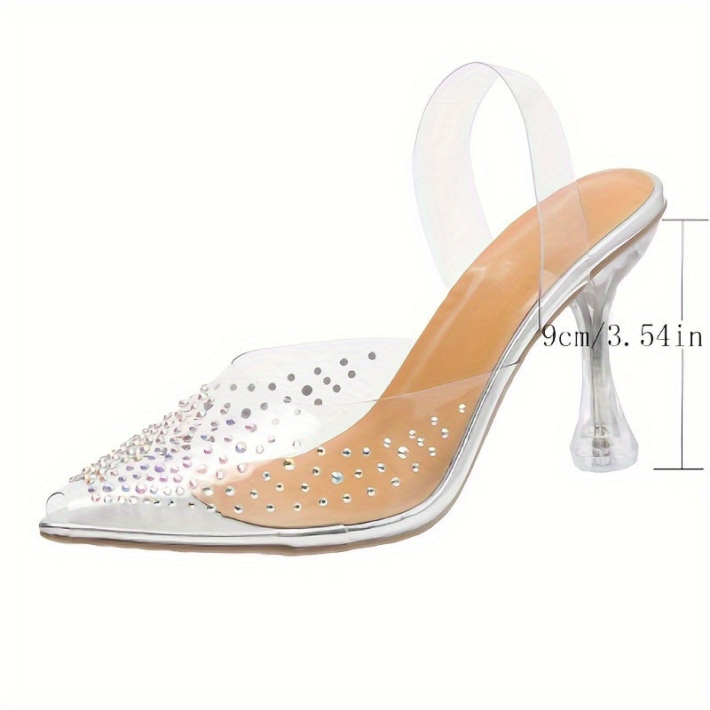 Women's Rhinestone Strappy Stiletto Heels, Transparent Dress Sandals, Summer Point Toe Pumps