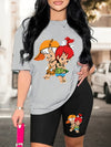 Trendy Cartoon Graphic Tee & High-Waisted Biker Shorts - Soft, Stretchy, and Comfortable Polyester Blend for Spring/Summer Outfits