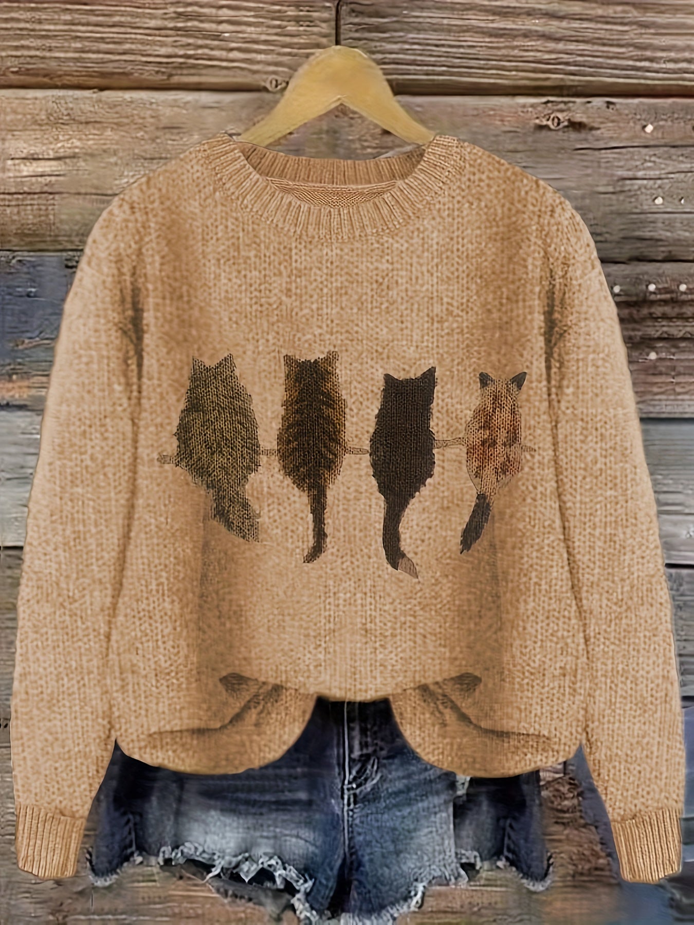 [Casual Cat Print Sweater] Color Block Cat Print Crew Neck Knit Sweater - Loose Fit Pullover - 100% Polyester - Women's Casual for Fall/Winter