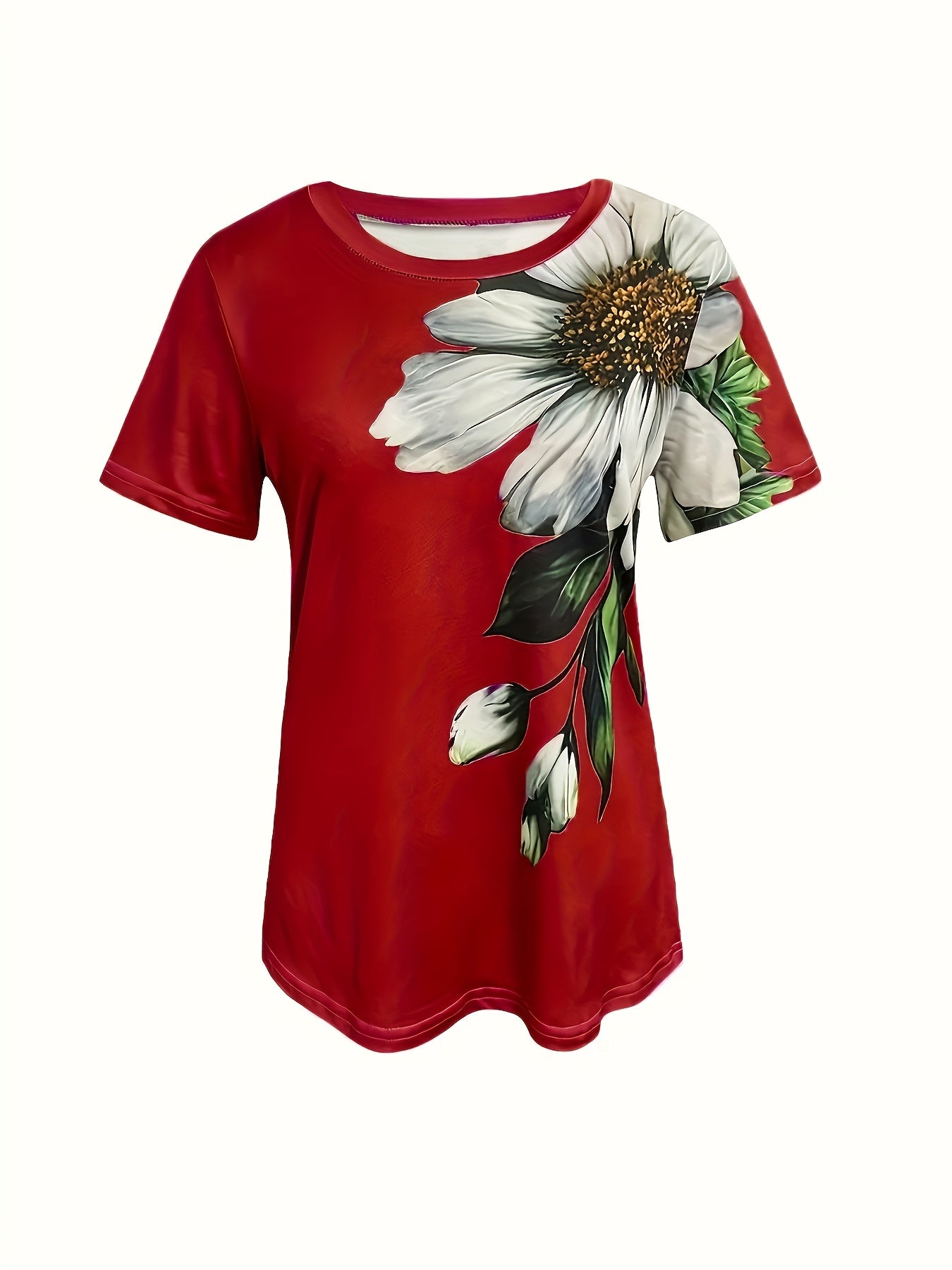 Women's Elegant Floral Print Short Sleeve T-Shirt - Bright Red with White Daisies and Green Leaves, Breathable Spring/Summer Casual Top | Floral Casual Tee | Comfort Fit, Women's T-Shirt