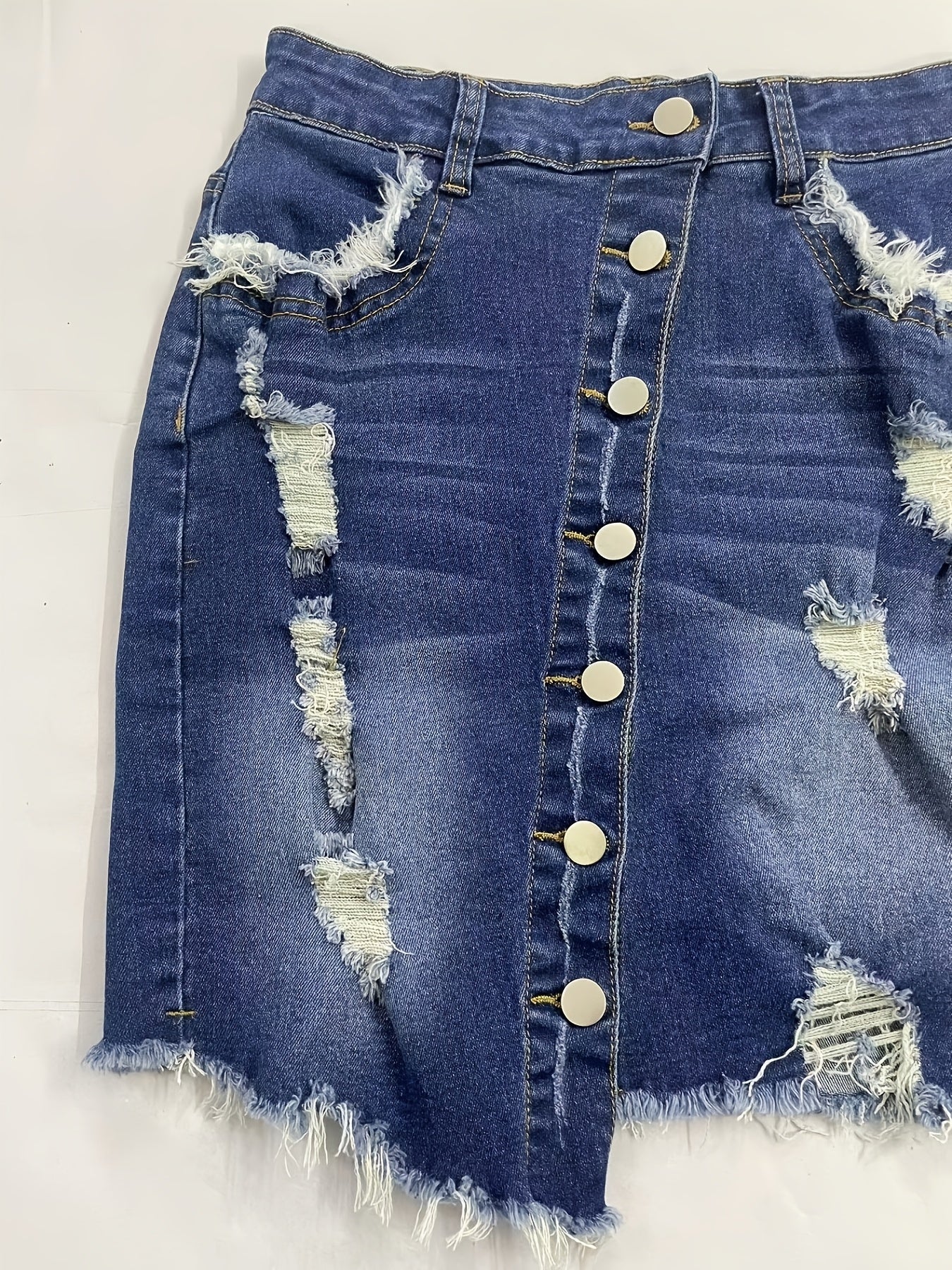 Women's Vintage-Style Denim Mini Skirt with Distressed Details and Raw Hem - Stretchy, Button-Fly Closure, Frayed Edges, Ideal for Spring/Summer/Fall, Denim Skirt