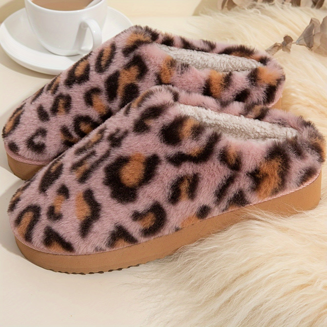 Women'S Leopard Slippers Fleece Lined Knitted Plush Fabric Comfy Anti-Skid Home Shoes Indoor Outdoor
