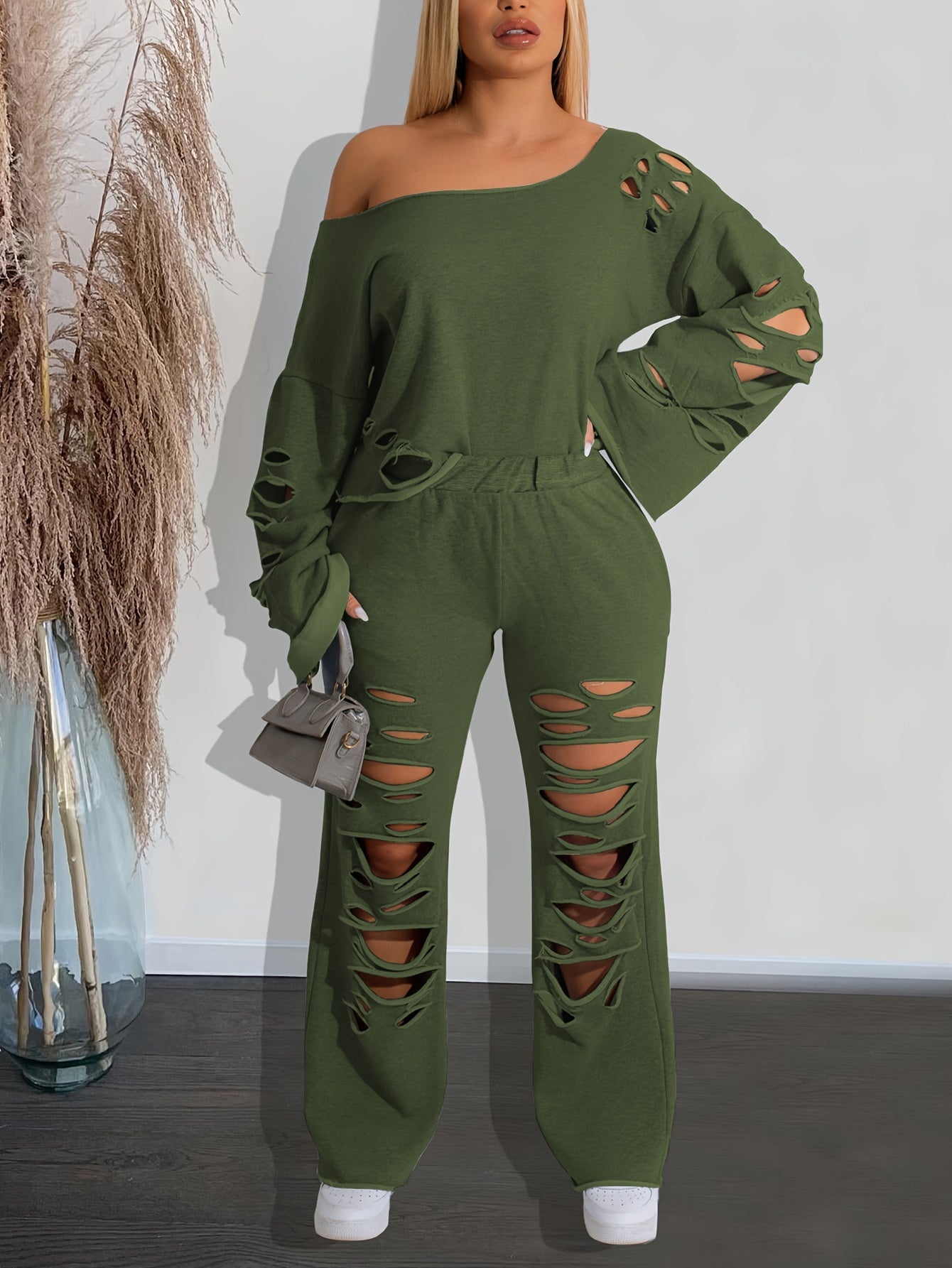 Casual Solid Cut Out Two-piece Set, Long Sleeve Asymmetric Top & Long Pants Outfits, Women's Clothing