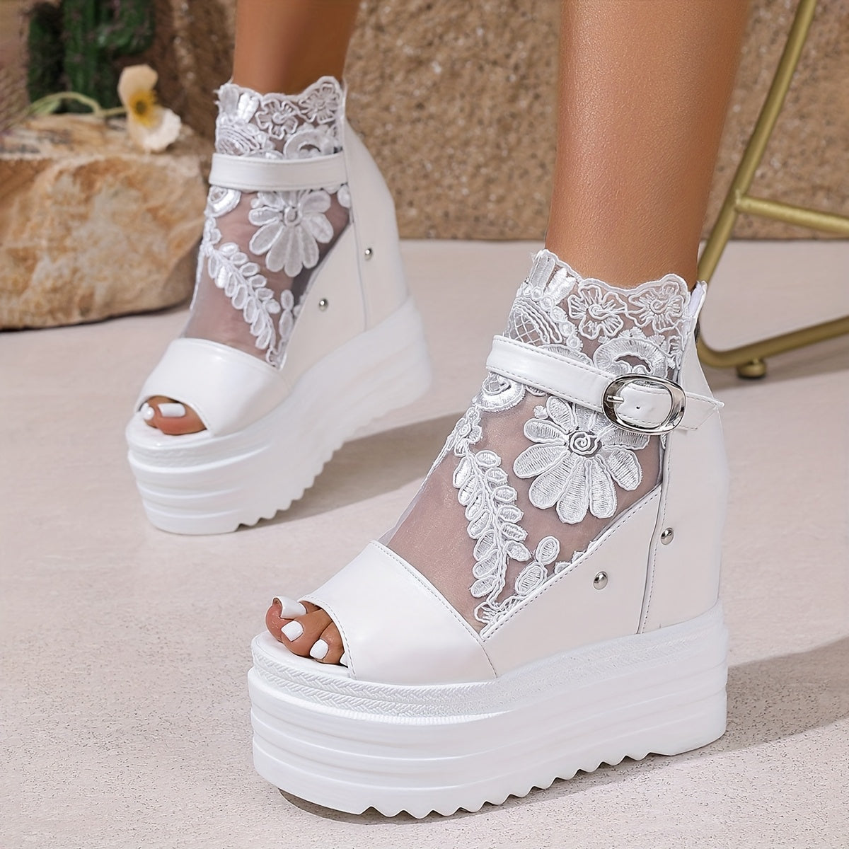 Chic Summer 2024 Women's Platform Wedge Sandals with Peep Toe Design - Breathable Mesh, Lace-Up Back Zipper, Faux Cover & Fabric Upper, Comfortable Thick Sole Heels for Outdoor Wear