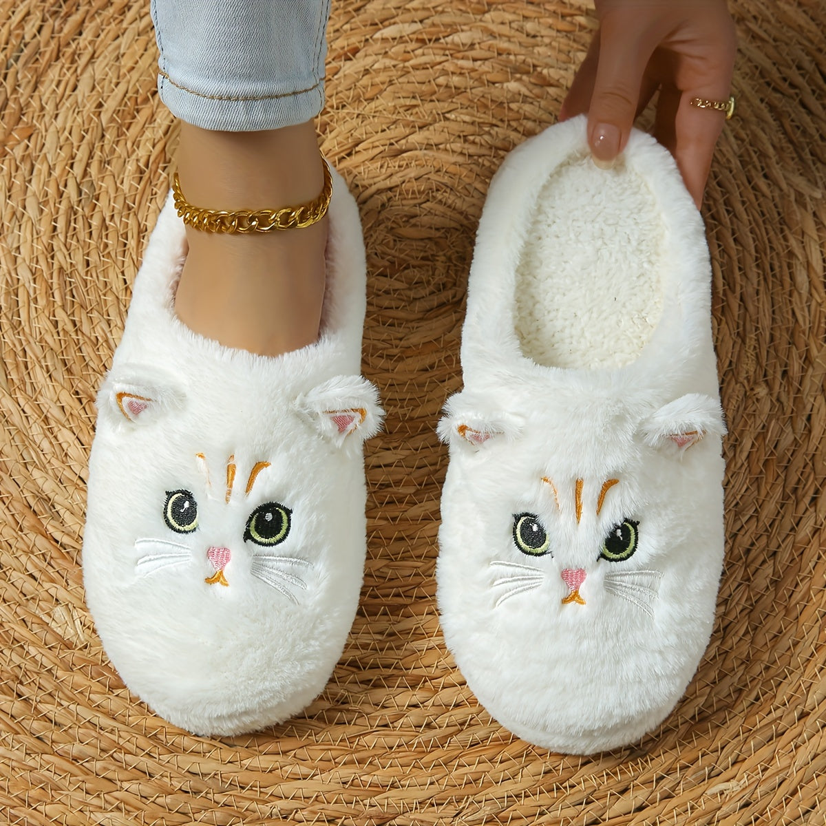 Women's Cute Cartoon Black Cat Slippers with Big Eyes and Ears, Soft Warm Non-slip Indoor House Slip-on Slippers with Fabric Upper, Inner, Insole and TPR Sole