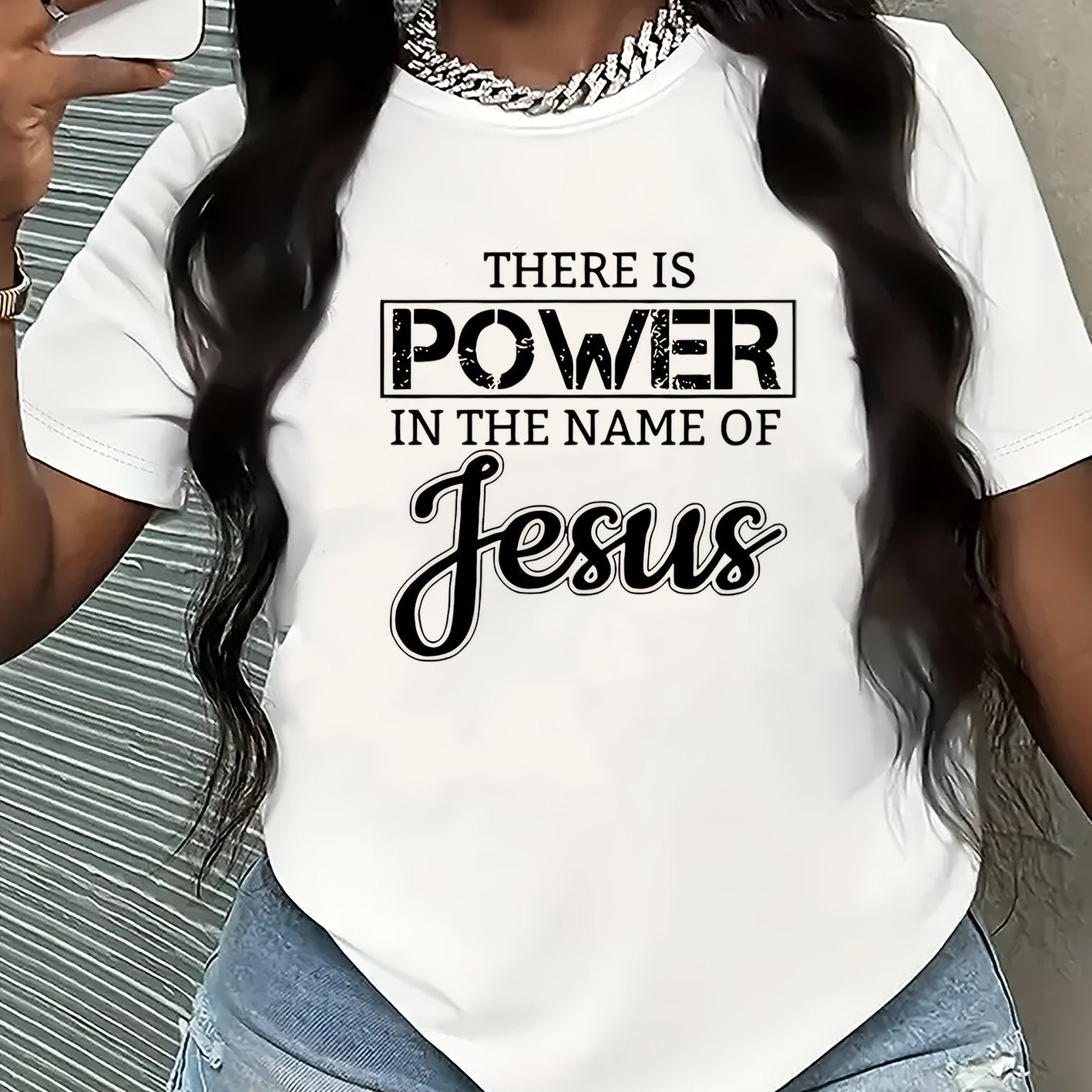 Women's Inspirational Jesus Power Quote T-Shirt - Casual Crew Neck, Short Sleeve, Beige Polyester Tee with Artistic Letter Print, Machine Washable, Casual Wear|Graphic Tee|Polyester Fabric