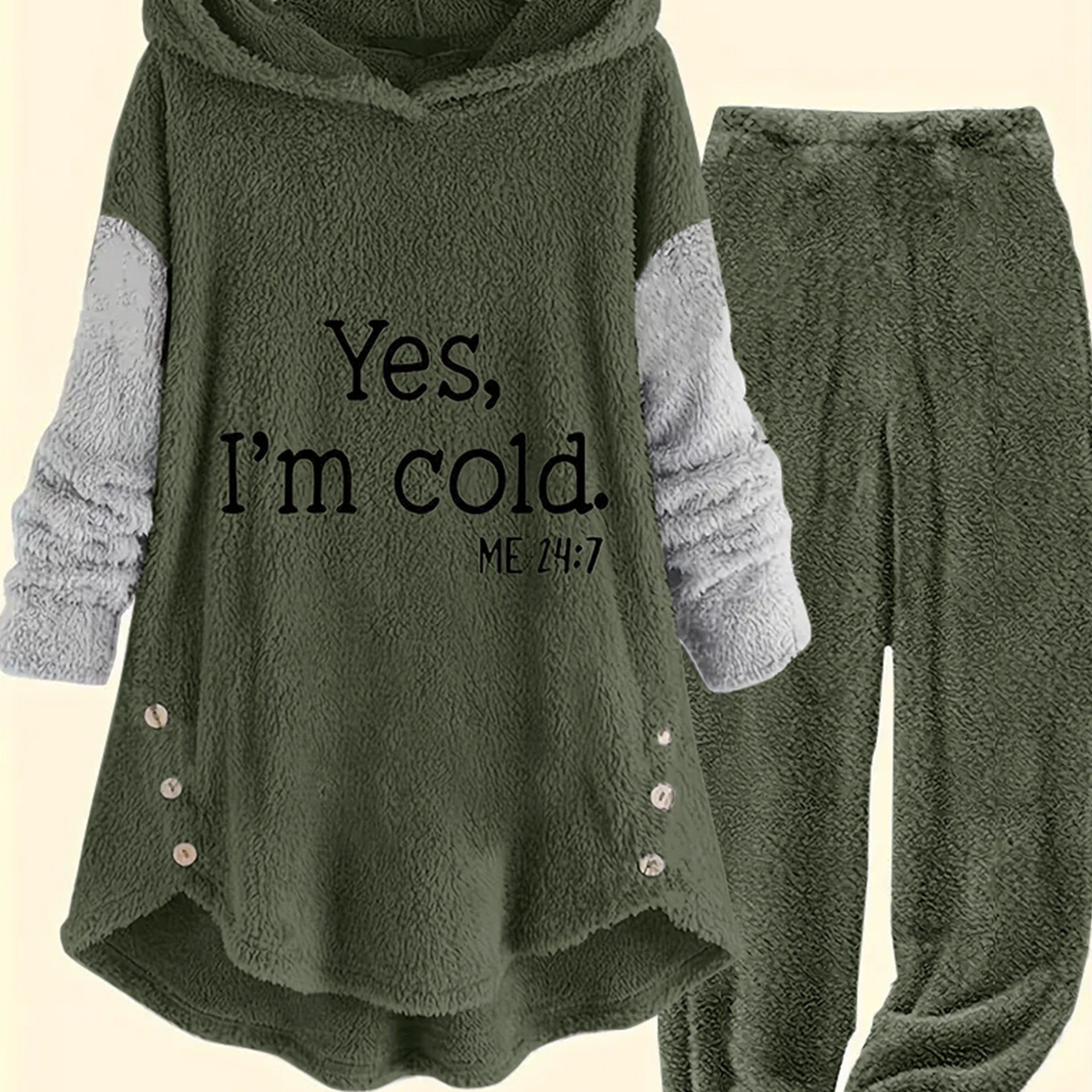 Cozy Women's Gray Fleece Hoodie & Jogger Set - "YES, I'M COLD" Print, Long Sleeves with Button Detail, Casual Polyester Outfit for Fall & Winter, Machine Washable, Jogging Pants