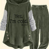Cozy Women's Gray Fleece Hoodie & Jogger Set - "YES, I'M COLD" Print, Long Sleeves with Button Detail, Casual Polyester Outfit for Fall & Winter, Machine Washable, Jogging Pants
