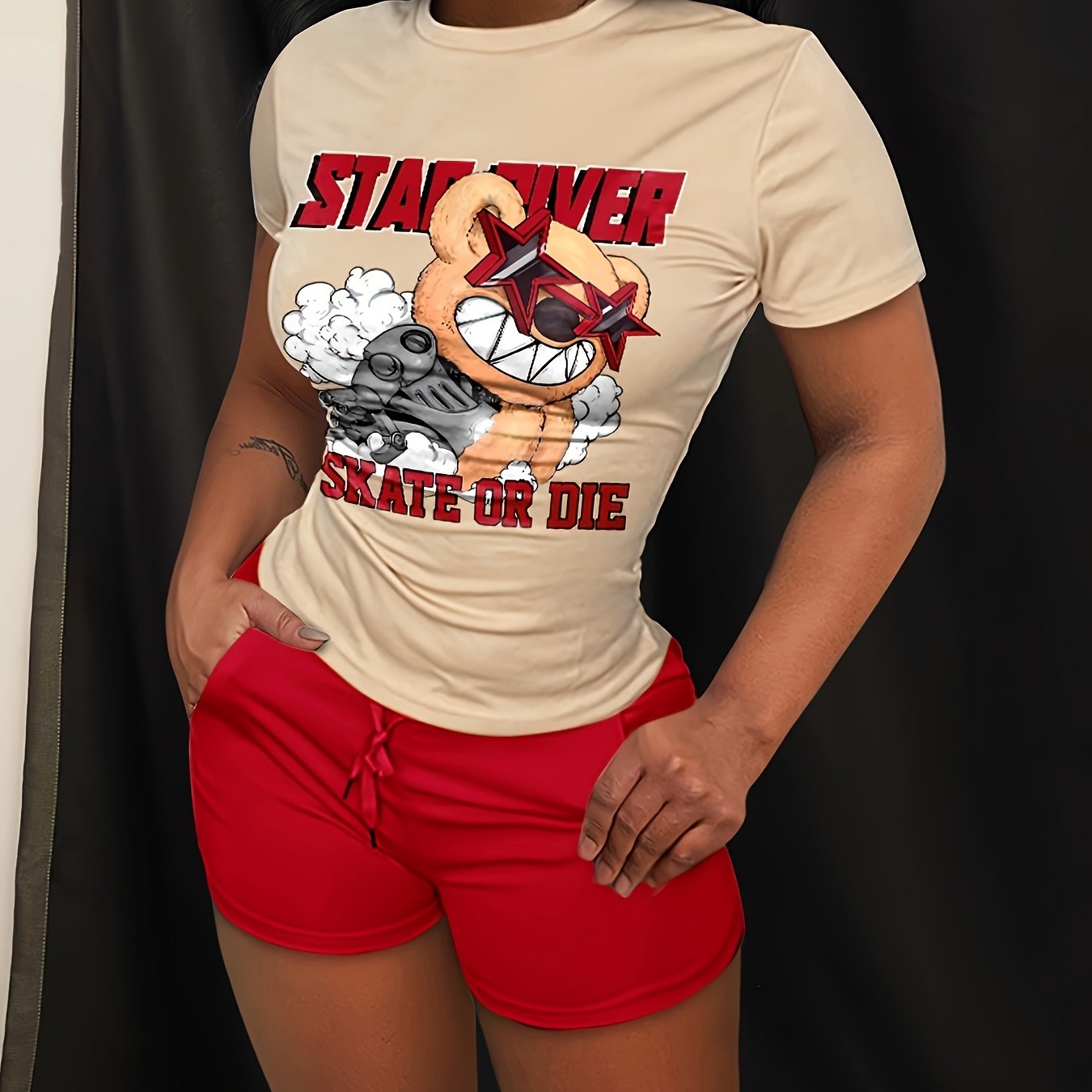 Casual Two-piece Set, Graphic & Letter Print Crew Neck Short Sleeve Top & Shorts Outfits, Women's Clothing