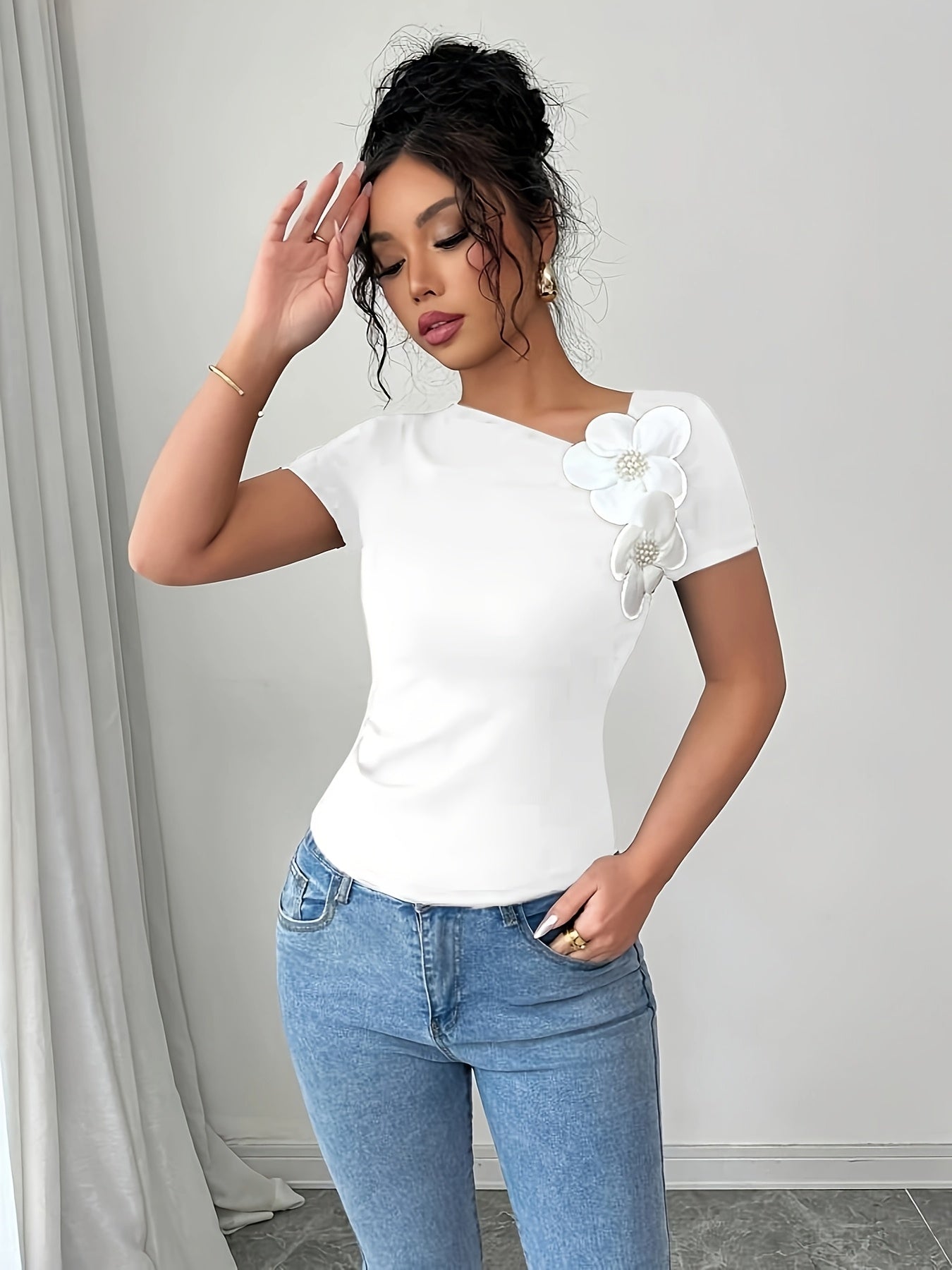 Women's Elegant 3D Floral Applique Knit Top - 100% Polyester, Medium Stretch, All-Season Versatile Black Shirt for Casual & Formal Outfits, Floral Print Blouse