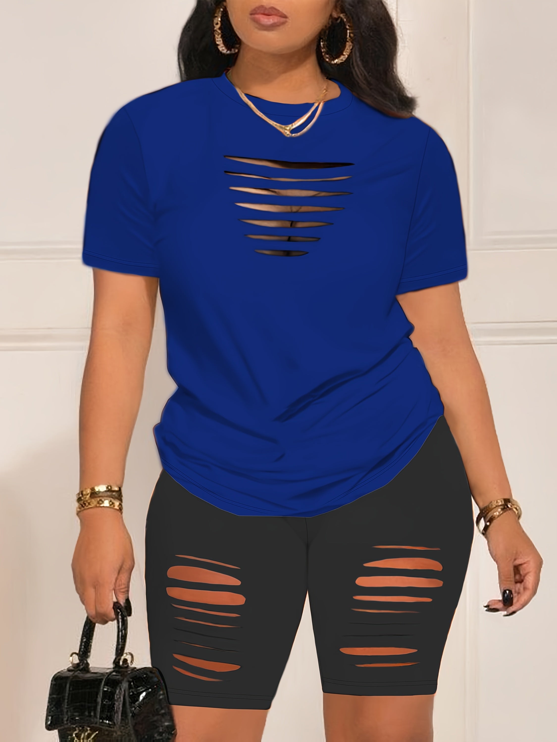 Summer Shorts Set - Pantsuits for Women, Crew Neck Short Sleeve Top & Shorts Outfits, Ripped Casual Clothing for Spring and Summer, Comfortable and Stylish Women's Clothing