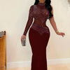 VNOVA'S Women'S One Shoulder Long Sleeve Rhinestone Process Mesh Sexy Slim Dress Club Evening Dress