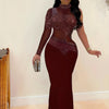 VNOVA'S Women'S One Shoulder Long Sleeve Rhinestone Process Mesh Sexy Slim Dress Club Evening Dress