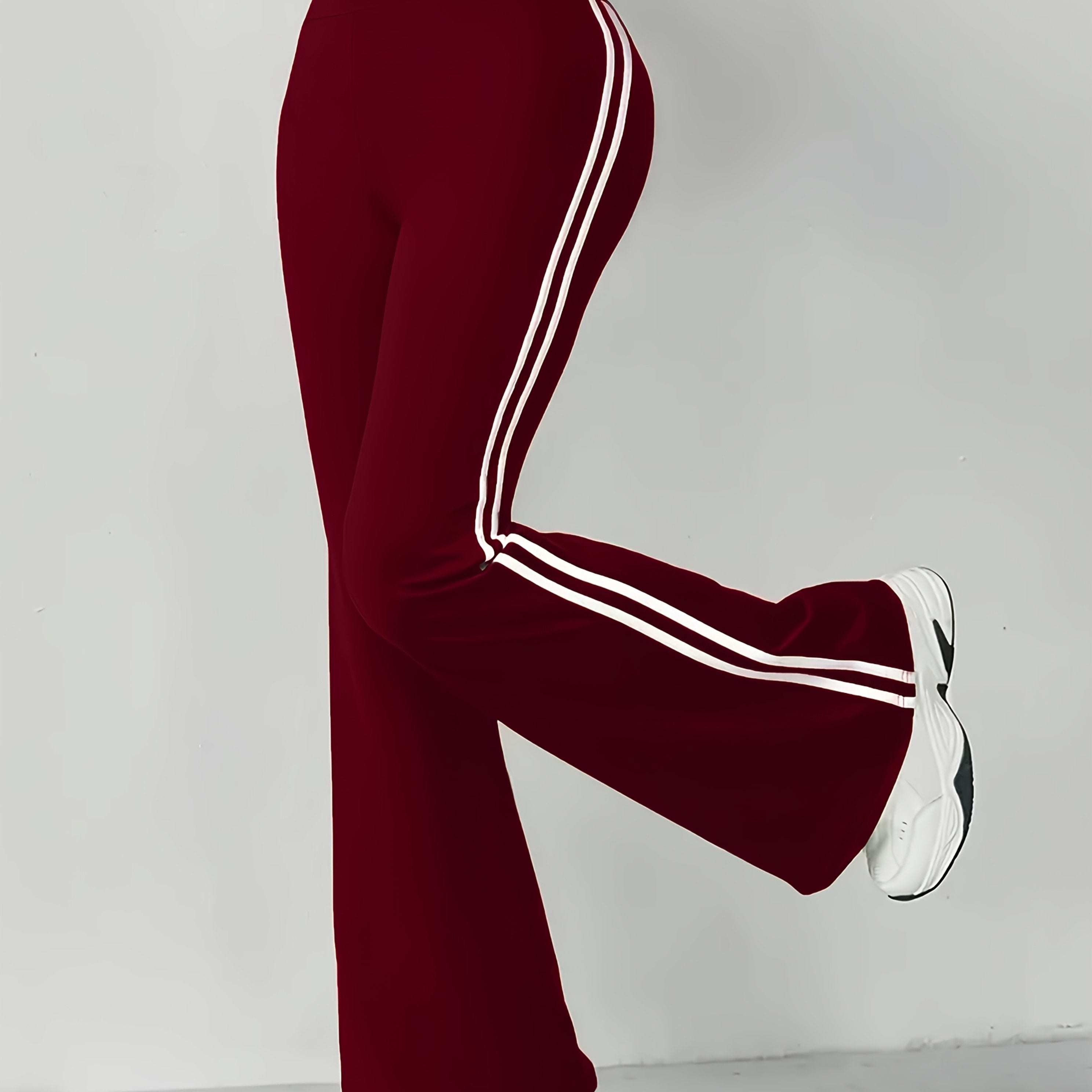 Women's High-Waist Tummy Control Maroon Flare Pants with White Stripe Detail - Stretchy Polyester/Elastane Blend, Machine Washable, Casual Sporty Bell Bottoms