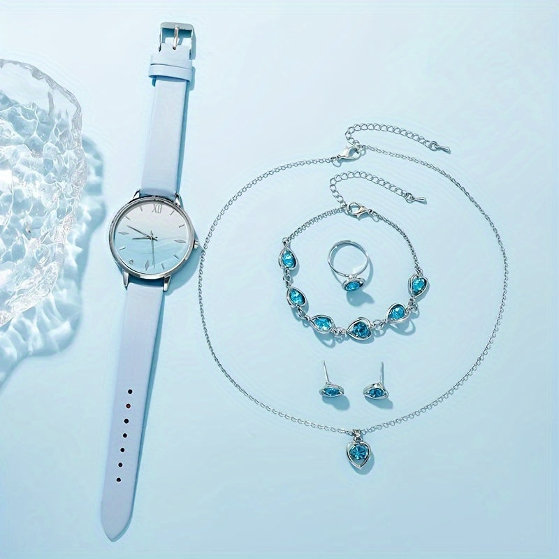 6pcs Set Fashion Women Simple Wrist Watches Blue Rhinestone Quartz Watch PU Leather Strap Ladies Dress Bracelet Watch Set Gifts