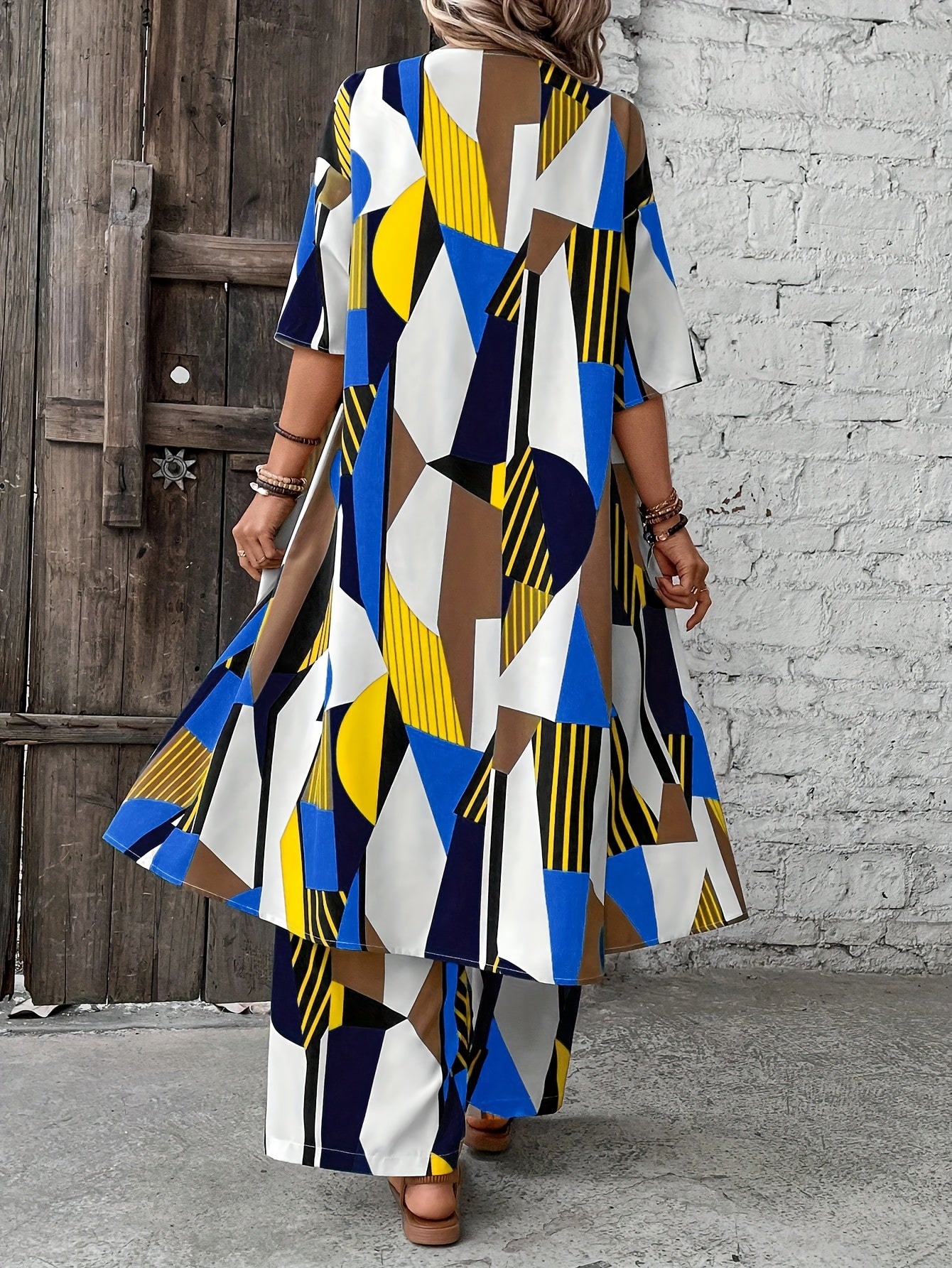 Vacation Style Geo Print Pantsuits Set, Long Length Short Sleeve Shirt & Wide Leg Pants Outfits, Women's Clothing