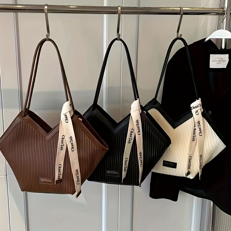 Chic Love-Themed Tote Bag - High-Capacity Beige & Black Design with Ribbon Accent, Versatile for Work and Casual Use, Durable PU Material, Zip Closure