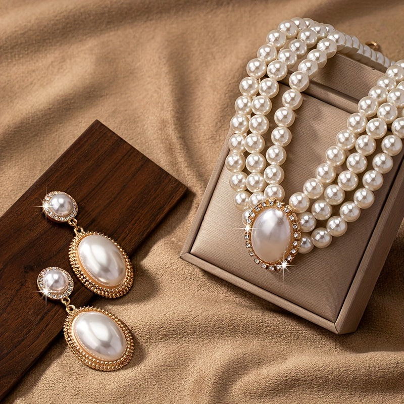 Elegant Pearl Necklace and Earring Set for Women - Vintage Style, Faux Pearl Multi-Strand Design, Ideal for Parties and Daily Wear, Pearl Earrings