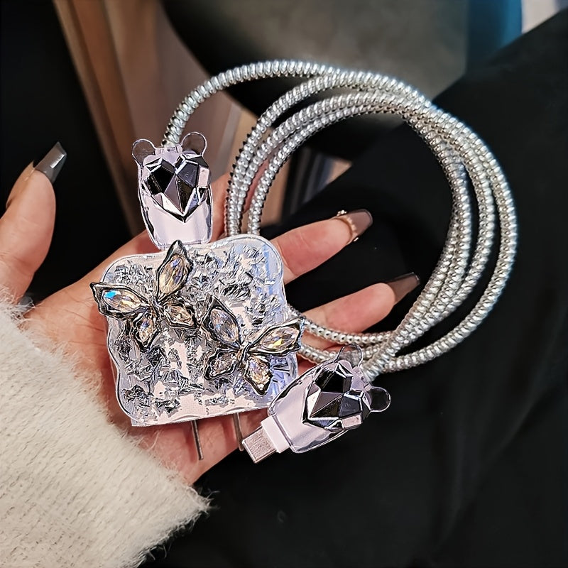 5pcs Sparkling Diamond Butterfly iPhone Charging Protector Set, Luxury for iPhone13/12/11 Charger Winder 18/20W Fast Charging Head Anti-Breakage Winder, Boyfriend/Girlfriend Gift