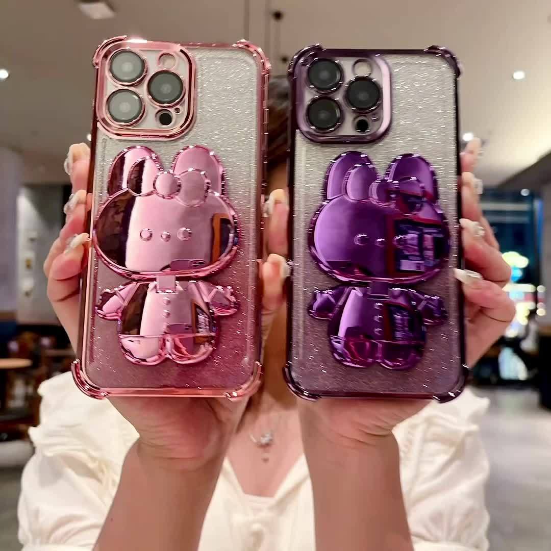 New Luxury Diamond-Inlaid Sparkling Invisible Makeup Mirror Mobile Phone Holder with Lens Protection, Cute Rabbit Holder Mobile Phone Case, Suitable for iPhone11/12/13/14/15/16 Pro Max/plus Mobile Phone Case Luxury Halloween-