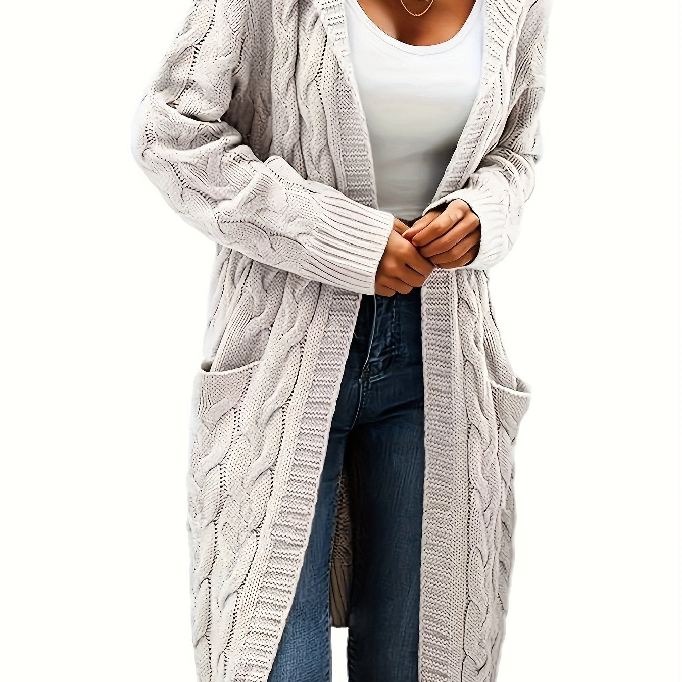 [Open Front] Women's Casual Cardigan - Black Cable Knit, Long Sleeve, Open Front with Pockets - Relaxed Fit for Fall/Winter