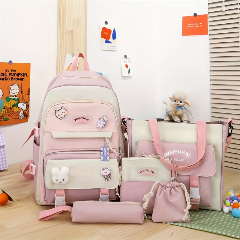 5pcs High School Junior High School Student Mori Department Backpack Girl Color Contrast Cute Large Capacity Backpack Anti-school Season Schoolbag