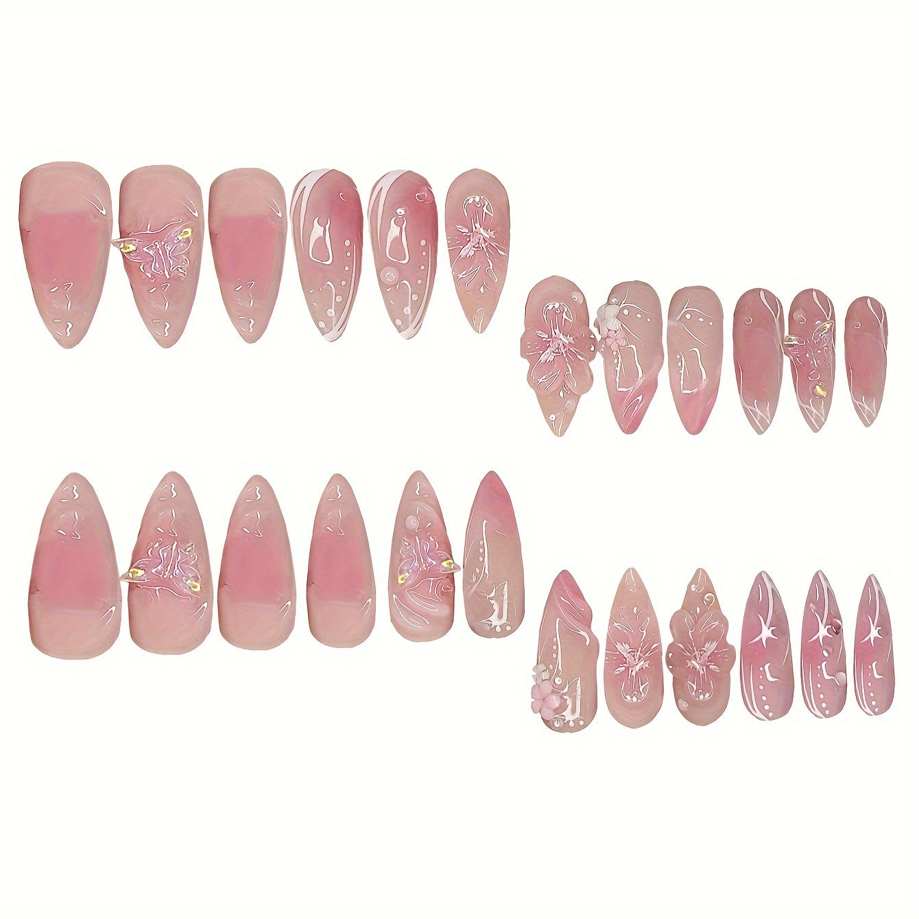 24-Piece Elegant French-Inspired Pink Almond Shaped Press-On Nails with Flower Pattern and Glossy Finish, Includes Jelly Glue & Nail File for Women's Everyday Wear