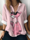 Women'S Long Sleeve Button-Up Shirt with Stylish Cartoon Cat Design - Casual Lapel Collar, Pink Shirt for Spring/Fall, Cute Long Sleeve Shirt