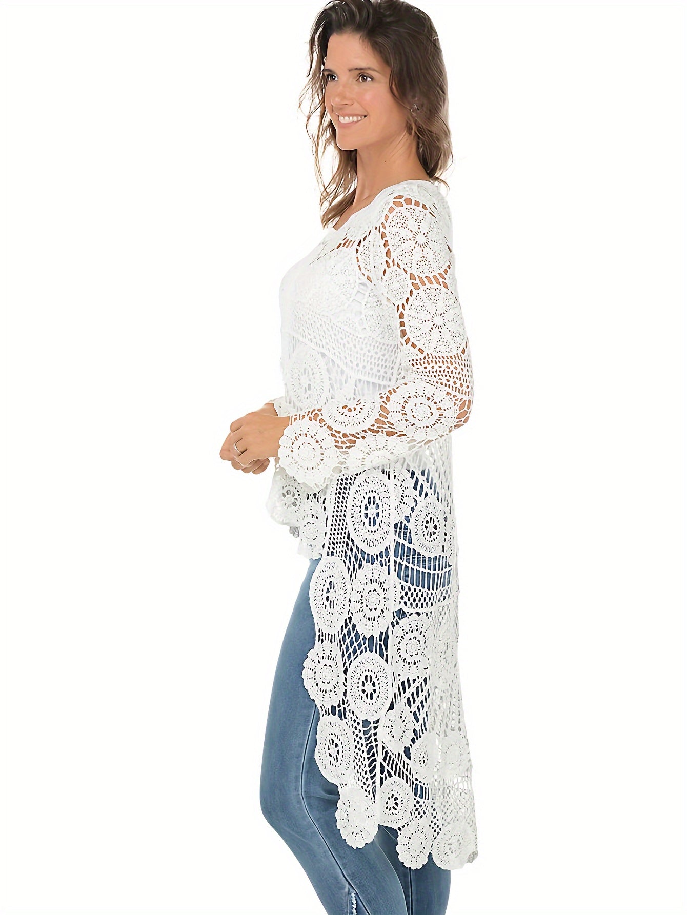 Women's Elegant Crochet Floral Pattern Cover-Up, Bohemian Style Long Sleeve Round Neck High-Low Hem Beach Tunic, Swimwear And Resort Wear For Women