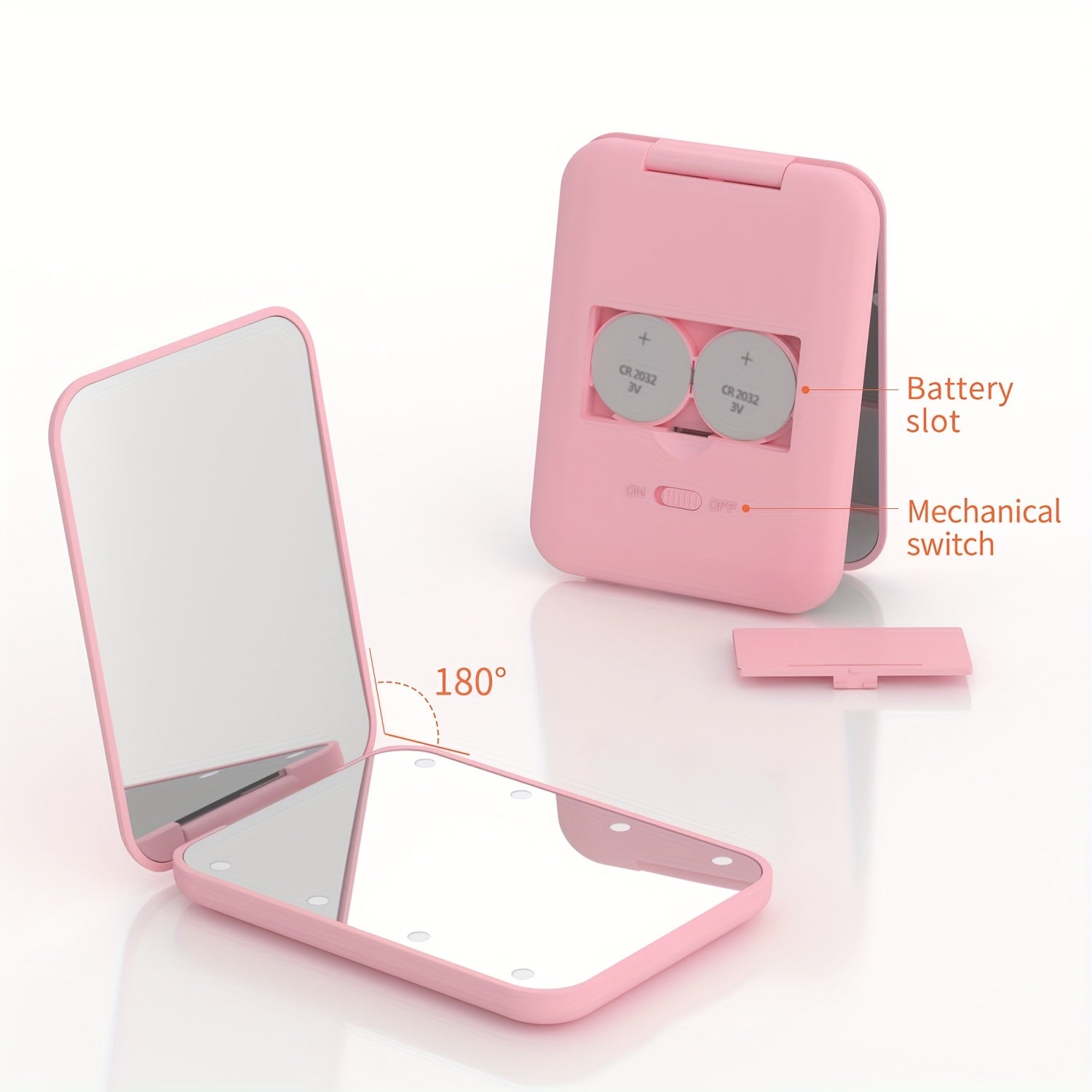 [LED Travel Makeup Mirror] Compact, Double-Sided, 1X/3x Magnified LED Mini Travel Makeup Mirror - Portable, Folding, Hand-Held, Small Lighting, Unscented, Plastic Surface, Non-Rechargeable Button Battery (Diameter≥20mm) Pow