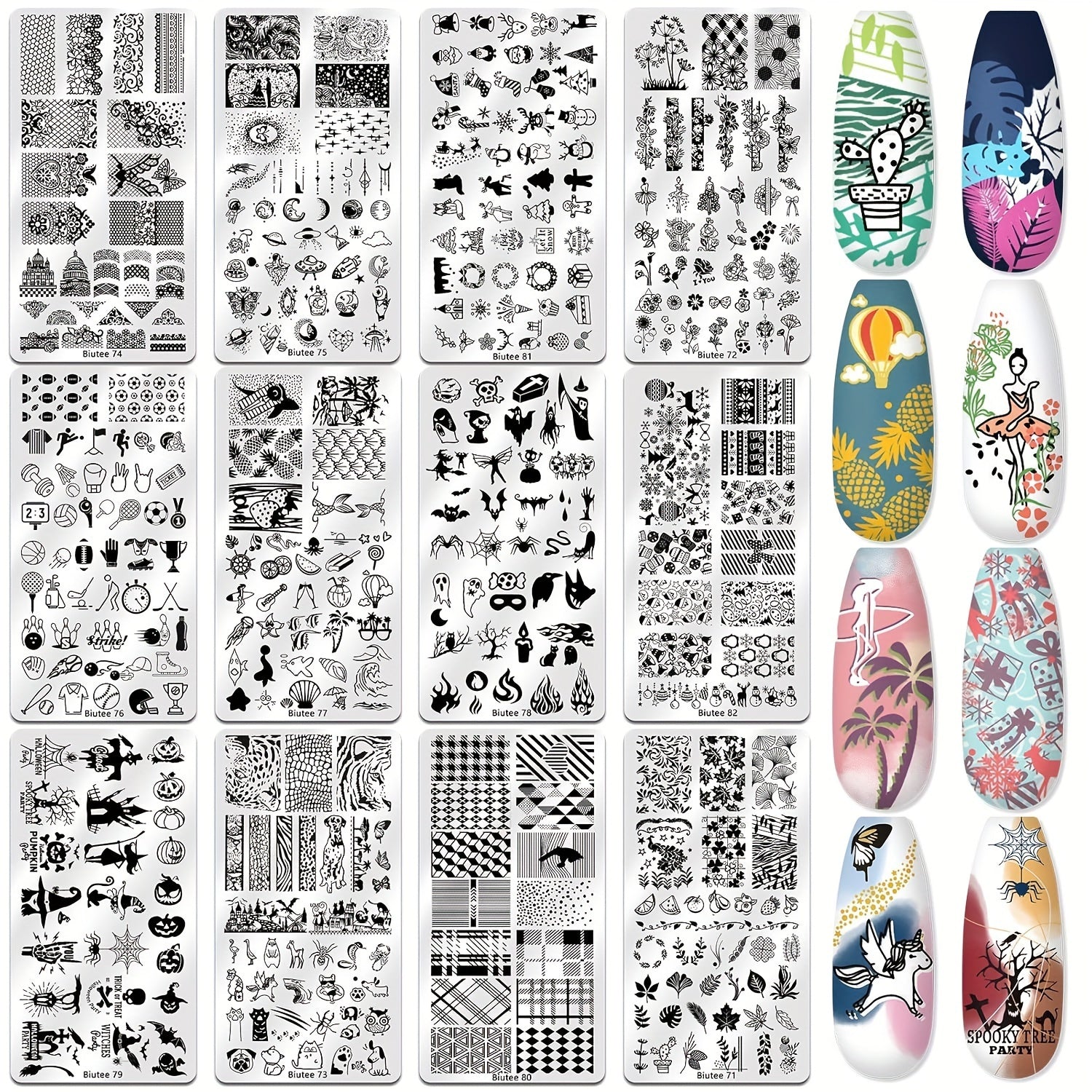 Biutee Nail Stamper Kit Nail Art Stamping Plate Set 8 Stamping Nail Polish Gel 12 Stamp Plate Jelly Silicone Stamper Flower Animal Lace Girl Star Rose Love Template Tool Supplies Holiday Design