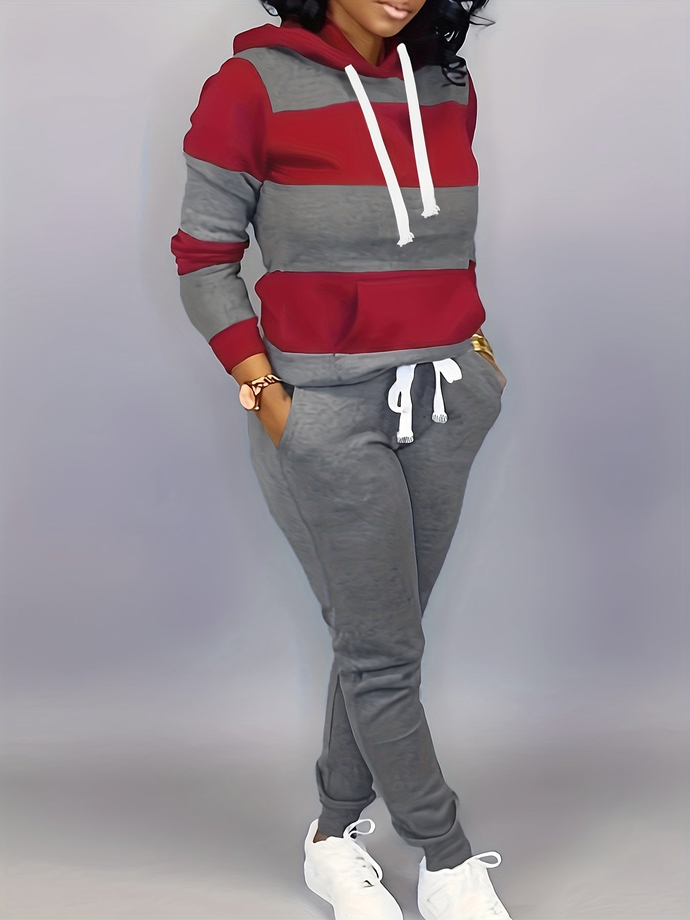 2 Pcs Cozy Striped Lounge Set - Soft Long Sleeve Kangaroo Pocket Hoodie & Drawstring Elastic Waist Jogger Sweatpants - Women's Comfortable Casual Wear for Daily Life
