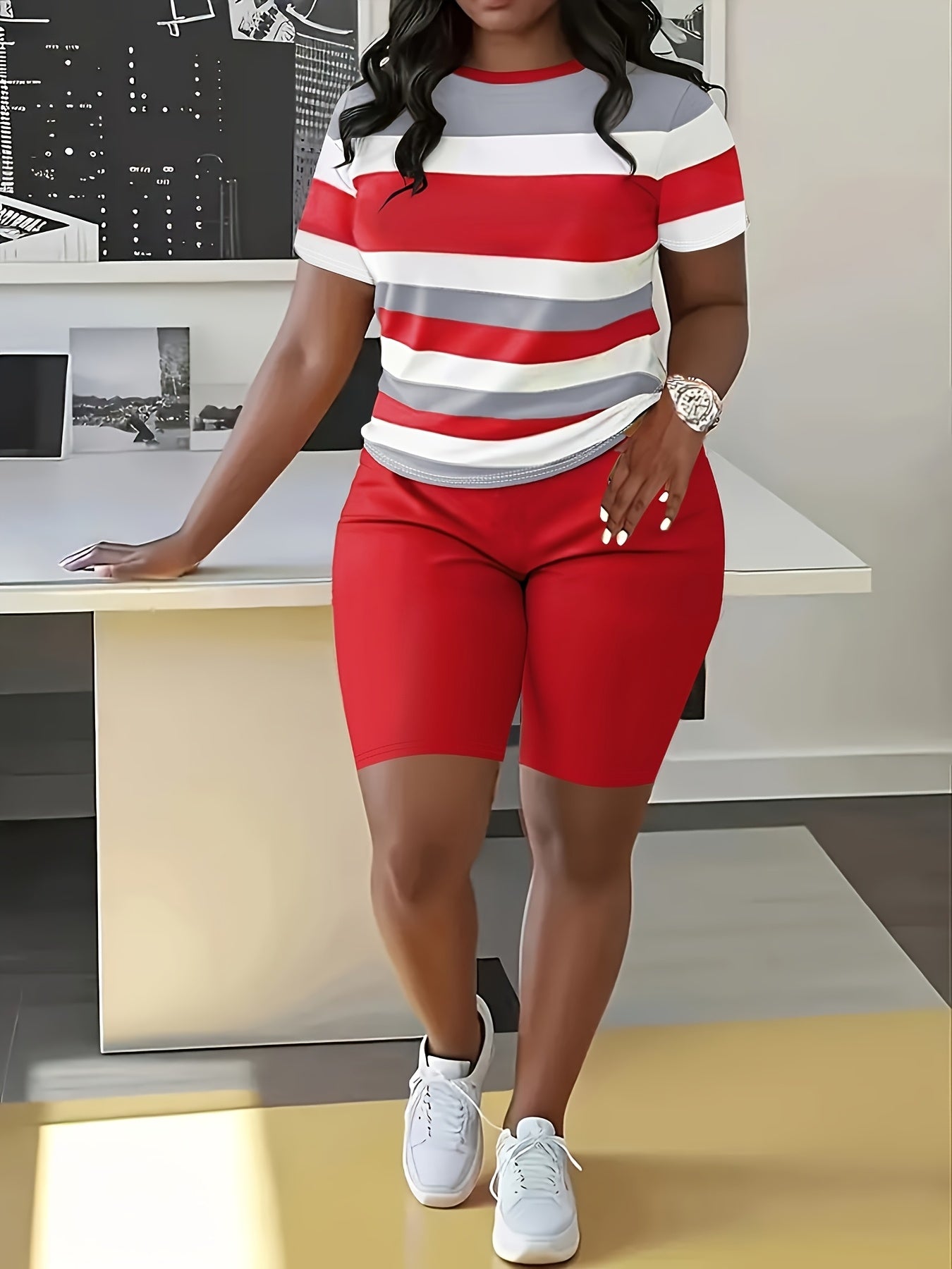 Striped Splicing Spring and Summer Casual Round Neck Short Two-Piece Set