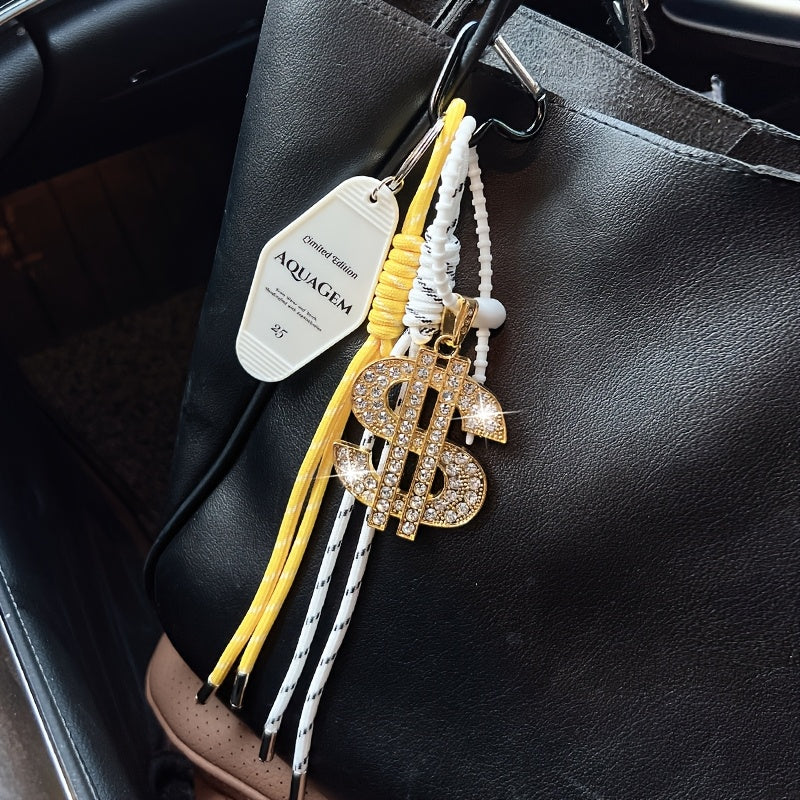 Fashion Dollar Sign Keychain, Handmade Braided Rope with Rhinestone Accents, Alloy Car Remote Key Ring, Decorative Bag Charm, Birthday Festival Gift for Women, Novelty Keychains
