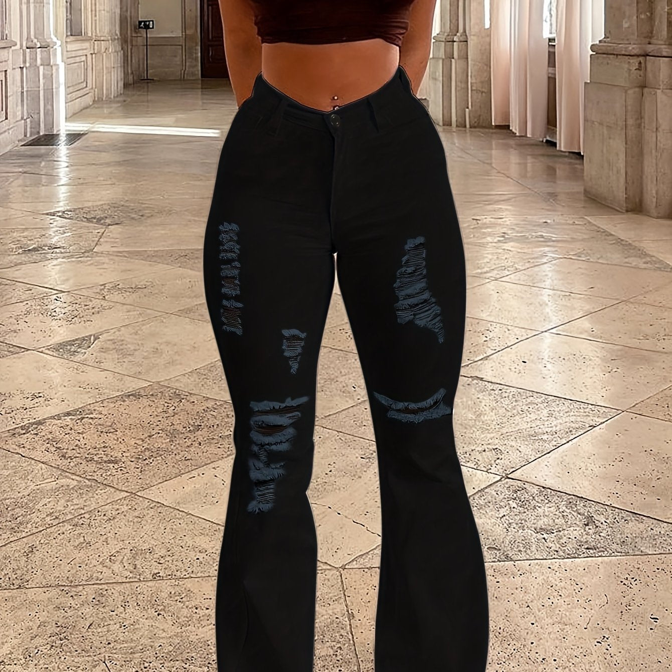 Sexy fashion women's ripped hip lift jeans flared pants