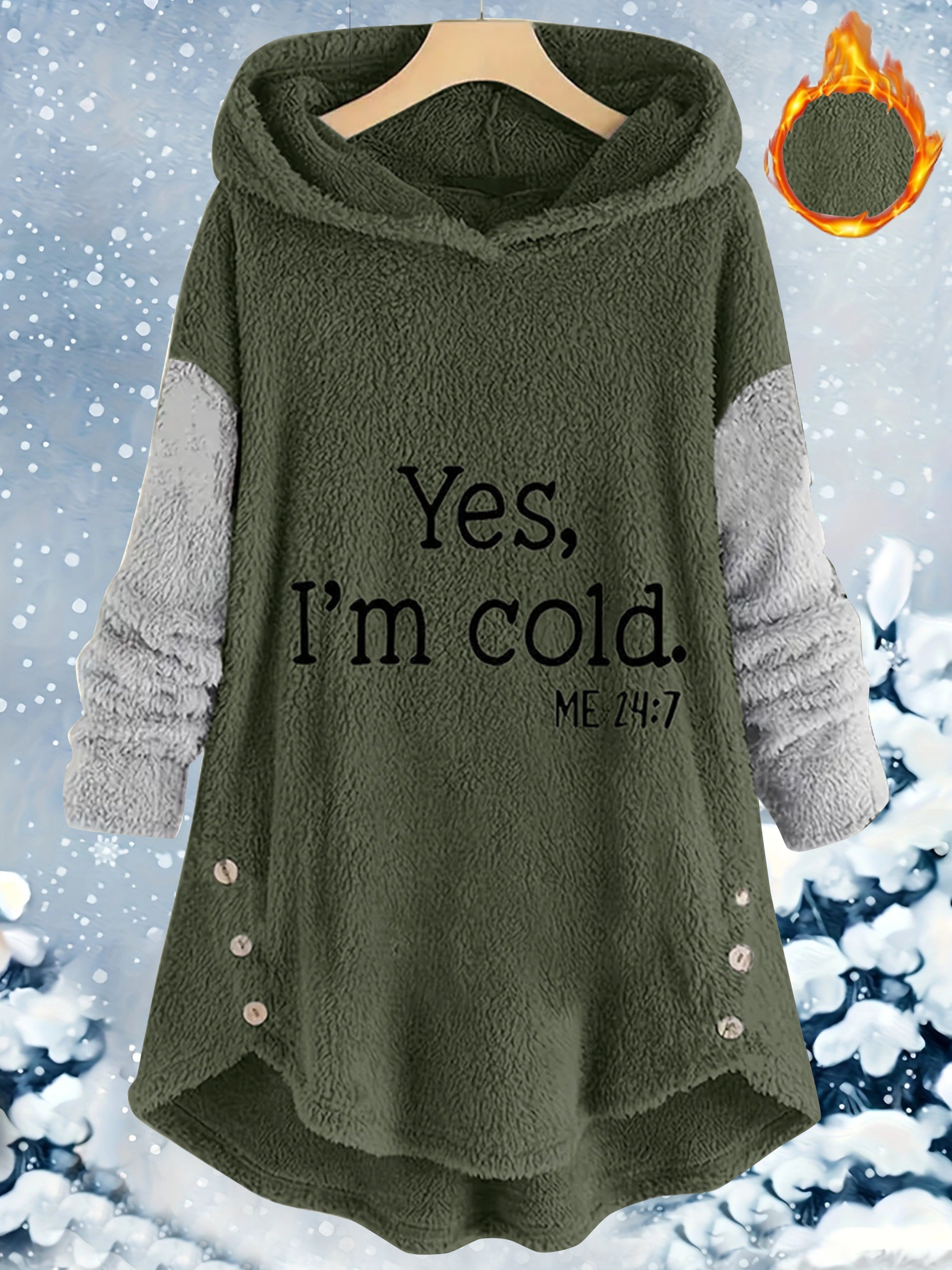 Cozy Women's Gray Fleece Hoodie & Jogger Set - "YES, I'M COLD" Print, Long Sleeves with Button Detail, Casual Polyester Outfit for Fall & Winter, Machine Washable, Jogging Pants