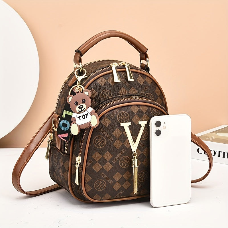 Luxury Checkered Backpack with Golden Accents - Perfect for Casual Outings