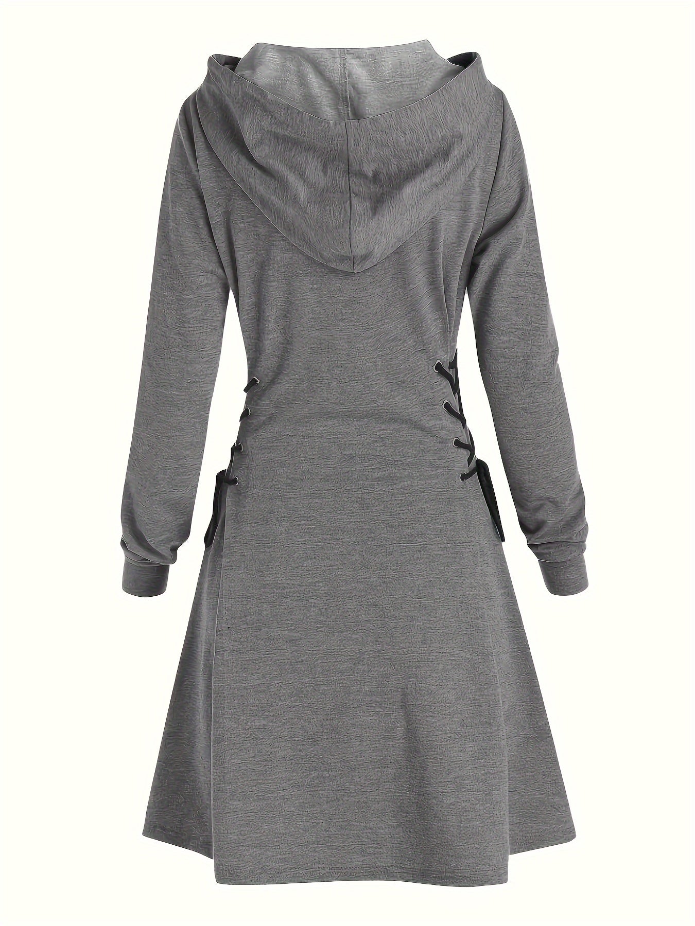 Elegant Hooded Sweatshirt Dress with Drawstring and Knee-Length Skirt - Polyester Knit Fabric, Long Sleeve, Spring/Fall Adult Fashion Dress