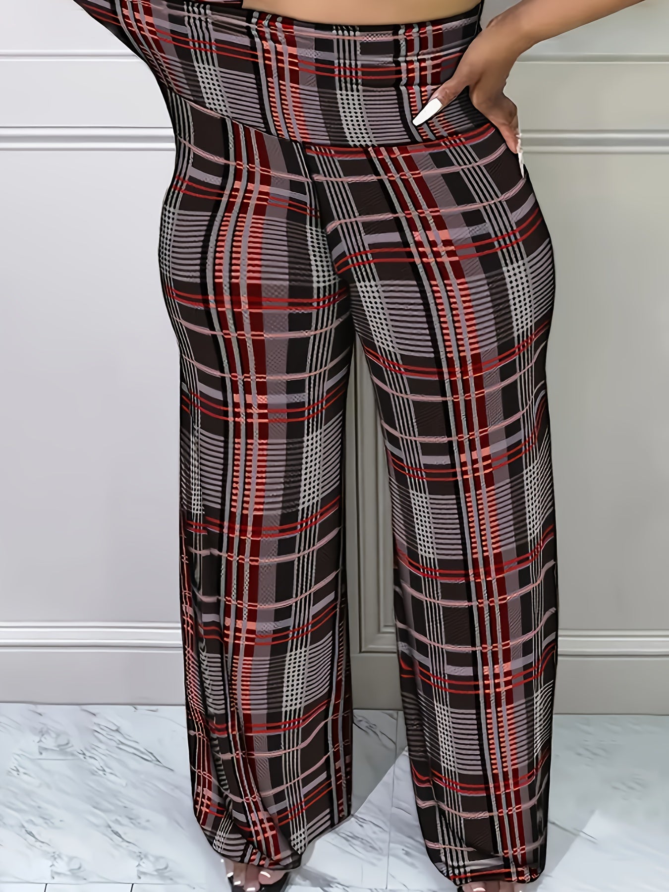 Chic Houndstooth High-Waist Wide-Leg Pants for Women - Stretchy, Casual & Machine Washable - For Women - Suitable for Everyday Wear, Work & Parties - Perfect Gift for Fashionable Women